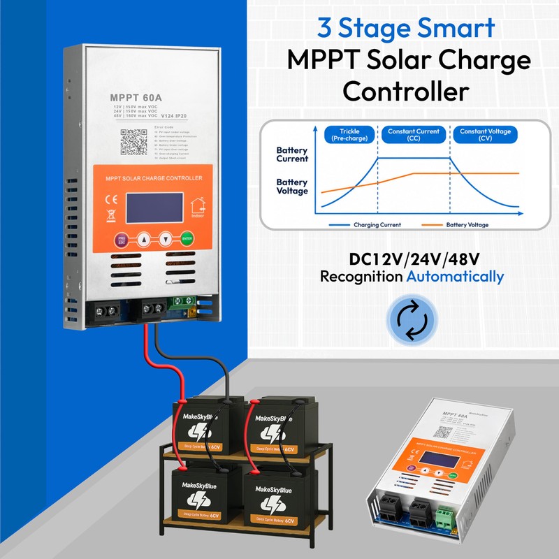 60A MPPT Solar Charge Controller V124 – Upgraded, 12V/24V/48V Auto