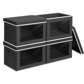 Homsorout Foldable Storage Box with Lid - Closet Storage Organizer with Window, Storage Bins with Lids for Clothes, Fabric Storage Baskets for Shelves, Bedroom, Dorm, Black, 4 Pack