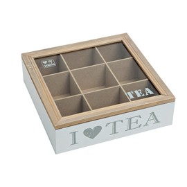 Beautiful Tea Box 'I Love Tea' with Viewing Window and 9 Compartments, Wooden Tea Box for Tea Bags