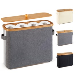 Bamboo Toilet Paper Organizer for Bathroom，Bathroom Toilet Paper Basket with Lid and Handle，Toilet Paper Storage Basket, Collapsible Toilet Paper Storage Holder Stand with Non-Slip Bottom, Gray