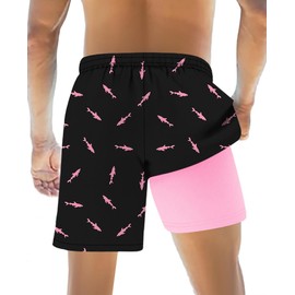 Men Swimsuit Bathing Suit Swim Trunk Quick Dry Beach Shorts with Compression Liner (US, Alpha, XX-Large, Regular, Regular, Black Shark)