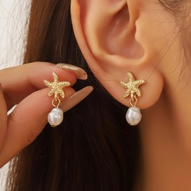 Starfish Shell Earrings Beach Coastal Jewelry for Women Lightweight Elegant Pearl Drop SeaShell Beach Earrings with Nautical Charm for Summer Vacations Coastal Accessories