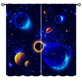 Outer Space Blackout Curtains Galaxy Solar System Planetary System Black and Blue Window Curtains for Kids Boys Girls Room Bedroom Decor Science Fiction Window Drapes 2 Panels 42x63in