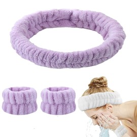 3Pieces Spa Headband Wrist Washbands - Microfiber Head Band Skincare Headbands Makeup Headband and Wristband Set for Washing Face, Facial Wrist Towel Washbands for Women Girls (Purple)