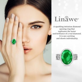 Linawe Silver Adjustable Rings for Women, Emerald Green Birthstone Chunky Rings, Imitation Diamond Fake Crystal Gemstone CZ Statement Ring, Rhinestone Cubic Zirconia Cocktail Ring