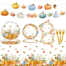 99 Pcs Fall Thanksgiving Plates and Napkins Party Supplies, Autumn Watercolor Pumpkin Leaves Disposable Tableware Set with Banner Tablecloth, Fall Decor Harvest Party Decorations for Table, Serves 24