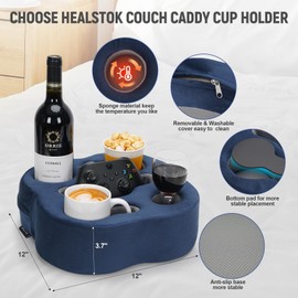 HEALSTOK Couch Cup Holder Pillow, Sofa Organizer Caddy Bed Refreshment Tray for Drinks, Remotes, Phones, Snacks (Navy)