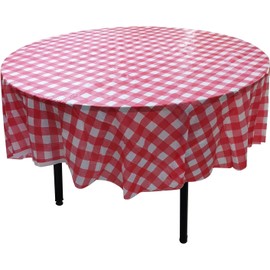 JINLICOME Picnic Table Cover - 10 Pack Premium Plastic Tablecloth - BBQ Red & White Checkered BBQ Plastic Table Cover Disposable Plastic Tablecloth Gingham Checkerboard (84in, Round)