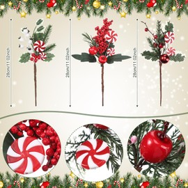 Solsew 16 Pcs Christmas Pine Cones Picks Artificial Berries Sprays Branches Faux Greenery Floral Stems Snowy Holly Pine Needles for Xmas Tree Wreath Garland Craft Decor(Candy Style)
