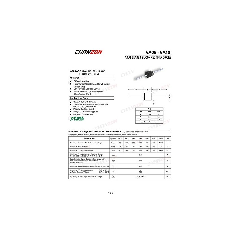 (Pack of 20) Chanzon 6A4 Rectifier Diode 6A 400V R-6