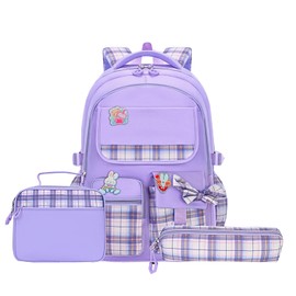 YTAIK Kids Backpack for Girls Boys, 3Pcs Student Backpack with Lunch Box & Pencil Pouch - School Backpack Daisy Bag (Bowtie-PURPLE)