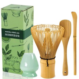 Mumoo Bear 4-Piece Handcrafted Bamboo Japanese Matcha Whisk Set - Traditional Bamboo Chasen, Scoop & Spoon for Ceremonial Green Tea Preparation (Mint Green)