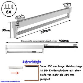 Extendable Clothes Rail for Pull-Out Hangers Adjustable Wardrobe Clothes Rail 350 mm White
