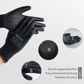 Andanda Men's Work Gloves, with Polyurethane (PU) Coating for Assembly Work, Mechanics, Gardening and Construction Work Gloves, Men's Size 10, 24 Pairs, Black