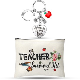 Hinly Teacher Appreciation Gifts Set Teacher Keychain with Initial, Thank You Teacher Kit Makeup Pouch Bag for Teachers (C Style)