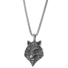 COOLSTEELANDBEYOND Stainless Steel Men's Vintage Tribal Tattoo Pattern Dotted Wolf Head Pendant Necklace with Red Zirconia Eyes, Stainless steel, metal, Cubic Zirconia