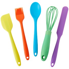 C.R. Gibson Kids in The Kitchen Oil Brush, Spoon, Whisk, Long, Standard Spatula Silicone Utensil Set, Multicolor