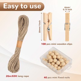 100 Pcs Wooden Clothespins for Photo Hanging Display, Mini Clothes Pins with String, Photo Display Hanging Clips for Crafts Pictures Photos Home Birthday Wedding Party Decoration