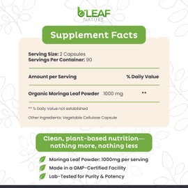 B'LEAF NATURE Organic Moringa Capsules 1000mg, 180 Count – Moringa Capsules with Organic Olefeira Powder for Immune Support, Energy & Balance – Vegan, Non-GMO Supplements for Daily Wellness
