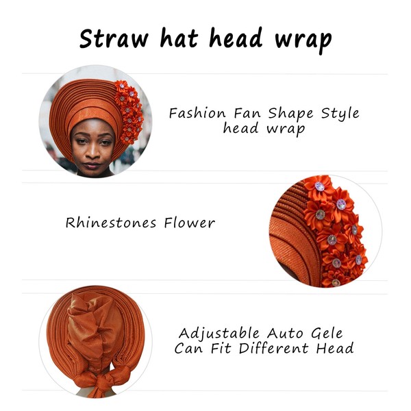 QliHut African Head Wraps Fashion Headbands Stones ASO Oke Auto Gele Headtie Already Made Women's Hats & Caps for Wedding Party. (Orange)