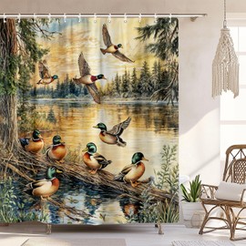 Xioistiy Rustic Duck Shower Curtain, Country Outdoor Cabin Lodge Wildlife Hunting Shower Curtains Set for Bathroom Farmhouse Decorative with Hooks, Natural Lake Scenery Camper Curtain 72X72 Inch