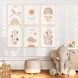 HappyArts® Children's Room Pictures A4 Posters Set of 6 Decorative Girls Boys Baby Room Rainbow Alphabet Numbers ABC Learning Poster Animals Unicorn Whale without Frame