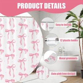 Onperpoe Cute Shower Curtain, Pink Shower Curtain with 12 Hooks, Mould Proof Resistant Waterproof Aesthetic Bathroom Curtains Coquette Shower Curtain 180 x 180cm, Pink Bow