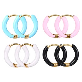 Cupimatch Women's Enamel Hug Hoop Earrings: 4 Pairs Stainless Steel Round Small Hoop Earrings Set Elegant College Style Hug Earrings Girls Stud Earrings Pink/Blue/Black/White, Stainless Steel