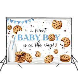 Fitumiw Cookie Baby Shower Backdrop 7x5ft A Sweet Baby Boy is On The Way Party Decorations Background for Boys Cookie and Milk Banner Photo Booth Props