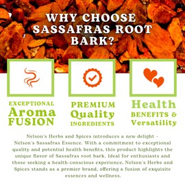 Nelson’s Tea - Sassafras Root Bark Cut & Sifted - Caffeine Free - Classic Root Beer Herbal Blend Tea, Premium Sassafras Albidum Aroma for Brewing, Mixing & Wellness, Freshly Packed Resealable Bag -2oz