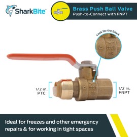 SharkBite 1/2 x 1/2 Inch Ball Valve with FNPT Connector, Push to Connect Brass Plumbing Fitting, PEX Pipe, Copper, CPVC, PE-RT, HDPE, 22182-0000LF