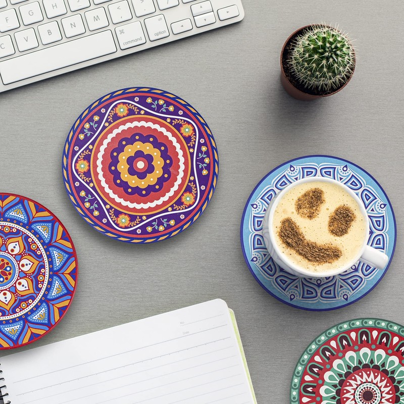 Mandala Coasters 8 Pack Ceramic Round Drink Coasters with Holder