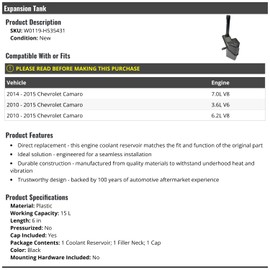 Marketplace Auto Parts Radiator Engine Coolant Reservoir Overflow Expansion Tank - Compatible with 2010 - 2015 Chevy Camaro V6 V8
