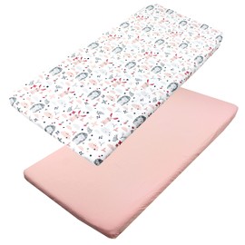 TupTam Baby Fitted Sheet for Baby Cot Bed Pack of 2, Colour: Hedgehog/Rabbit/Pink, Size: 60 x 120 cm