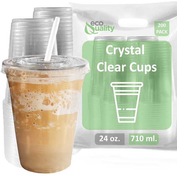 Extra Large Clear Plastic Disposable Cups with Lids & Straws 200 count - 24 oz (ounces) Clear PET Cup for Cold Smoothie, Iced Coffee, Boba, Bubble Tea, Protein Shakes, Cold Drinks, 100% Recyclable