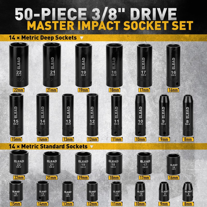 3/8'' Drive Impact Socket Set - 50-Piece Shallow & Deep