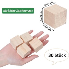 Wooden Dice, Pack of 30 Small Wooden Cubes, Blank, 3 x 3 x 3 cm, Craft Material, Wooden Tiles and Dice for Crafts, DIY Stamps, Puzzle & Number Wooden Blocks, Building Blocks