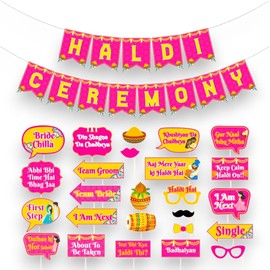 LOVENSPIRE 25 Pcs Haldi Photo Booth Party Props & 1 Pcs Haldi Ceremony Banner Wedding Photoshoot Haldi Decoration Marriage Props for Bride and Family