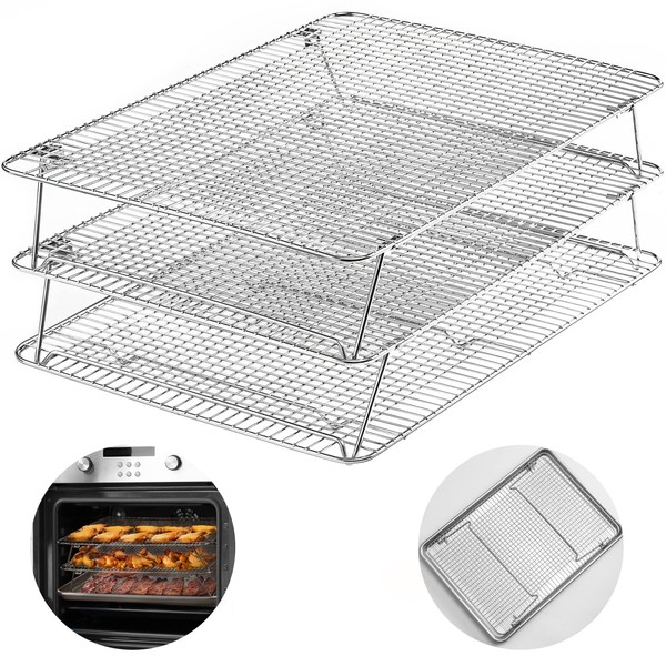 HIWARE Stainless Steel Stackable Cooling Rack for Baking, 3 Tier 11.8”x 16.5”,Oven & Dishwasher Salf and Fit Half Sheet,Wire Cooling Racks for Cookie, Pizza, Cake