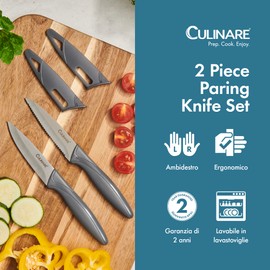 Culinare Set di 2 Coltelli, grigio, acciaio inox, lame ultra affilate da 9 cm, 2 coltelli da cucina con coprilama, taglio liscio/presa salda/manico antiscivolo, lavabile in lavastoviglie