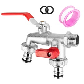 NCZCDZSW Garden Tap 1/2 Inch & 3/4 Inch Double Outlet Tap Brass Ball Valve Outdoor Frost-Proof Outlet Tap with 2 Hose Connections Roller Sealing Tape Double Connection and Hose Nozzle