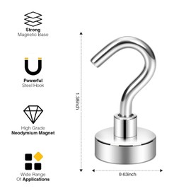 Magnetic Hooks, 25 lb+ Heavy Duty Earth Magnets with Hook for Refrigerator, Extra Strong Cruise Hook for Hanging, Magnetic Hanger for Curtain, Grill (Silver, Pack of 10)