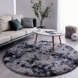 FJZFING Tie-Dyed Dark Grey Round Rug Ultra-Soft Plush Modern 4x4 Circle Area Rug for Kid's Bedroom, Fluffy Shag Circular Rug for Nursery Room, Non-Slip Tie-Dyed Dark Grey Rug for Teen's Room
