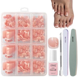 DMQ French Press on Nails for Toe, 240Pcs Square False Toenails Short, Nude Color French Tip Fake Toe Nails, Full Cover Stick on Toenails with Nail Glue for Women Girls Nail Art Manicure Decorations