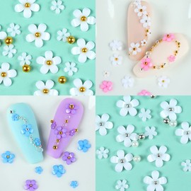 3D Flower Nail Charms, 3Bags 3D Acrylic Flower Nail Rhinestone with Sliver Gold Caviar Beads Pink White Blue Spring Nail Art Design Manicure DIY Nail Decoration for Women Girls