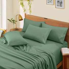 Horbaunal Extra Deep Pocket Full Sheets - Fits Mattress 18-24 Inches Deep - 6 Pieces Hotel Luxury 1800 Thread Count Microfiber Sheet Set - Ultra Soft Green Full Size Bed Sheets