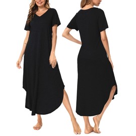 Women's Cotton Long Nightgown-Short Sleeves Nightshirt Comfy Maxi Sleep Shirts for Ladies (Black,Large)