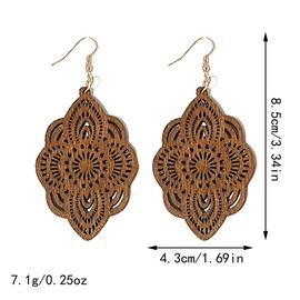 Bohemian Wood Earrings Natural Retro Lightweight Hollow Pattern Geometric Wooden Dangle Drop Earrings Statement Vintage Jewelry (Brown Earrings)