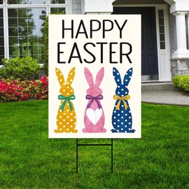 Happy Easter Polka Dot Rabbit Welcome Yard Sign, Love Heart Bunny Bow Easter Day Decorations, Polka Dot Bunny Lawn Signs with Metal H-Stake, VP13592