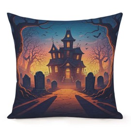 Throw Pillow Cover 16x16 Inch,Halloween Halloween Haunted House with Tombstones Trees Around The Edges Throw Pillow Case,Home Decor Cushion Covers for Sofa Living Room Couch Bed